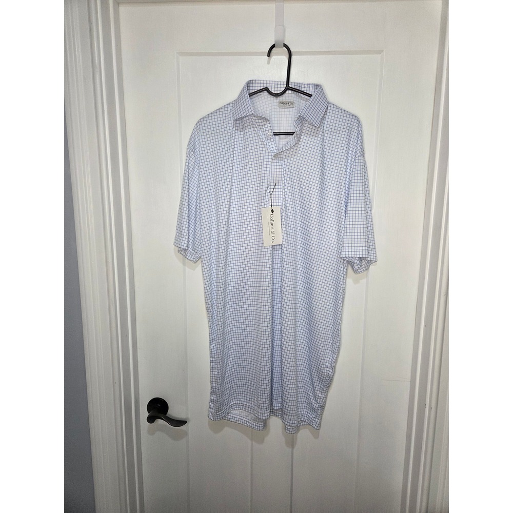 Collars & Co Mens 2XL Tall Blue White Grid Check Dress Collar Polo Shirt NWT